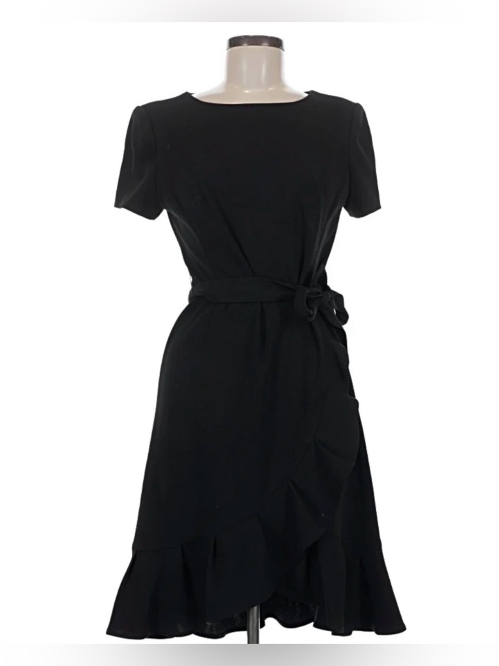 Calvin Klein Black Ruffle Wrap-Front Midi Dress with Waist Tie